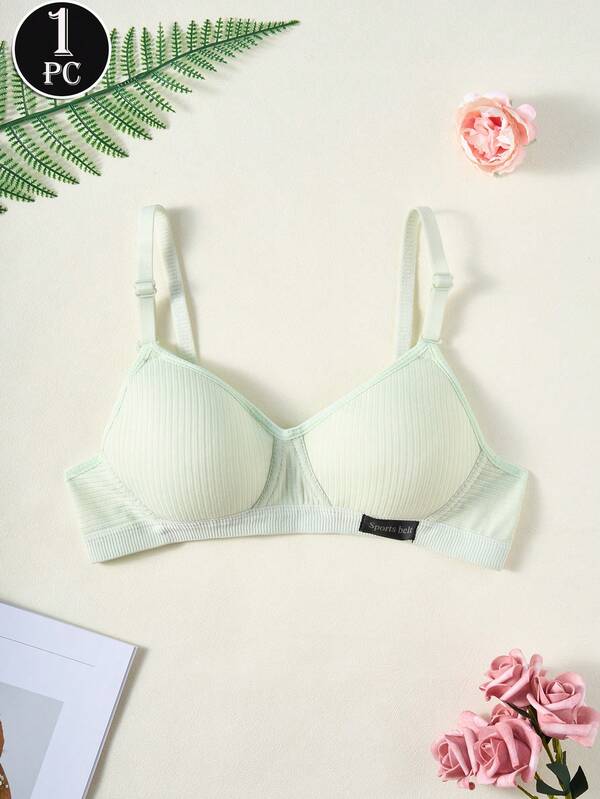 1pc Teen Girl Solid Ribbed Seamless Sports Bra, Adjustable Straps