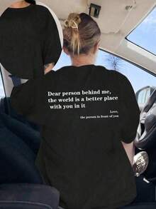 女士标语印花圆领短袖休闲T恤，适合春夏季节，时尚百搭，日常百搭。度假装扮 女士印花T恤 女士白色上衣 黑色上衣 粉色上衣 - 黑色 - 查看 5