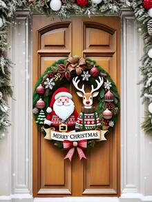 1 pezzo Ghirlanda natalizia HEGO in poliestere con Babbo Natale e renne, fiocco rosso per appendere alla porta, decorazione festiva per interni/esterni, senza alimentazione elettrica, ideale per l'ingresso, adatta per porte standard - Multicolore - Visualizzare 5