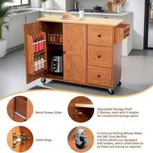 Brown Mobile Kitchen Island Cart!2 Adjustable Shelves + 3 Drawers + Spice Rack-Lockable Wheels, Perfect As Coffee Bar Storage Cabinet KitchenStorageCart CoffeeBarEssentials - Brown - View 6