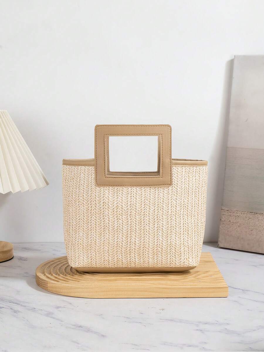 新款欧式编织包，度假草编包，旅行包，时尚便携收纳包，沙滩包，草编手提包，迷你草编手提包，学生购物袋，夏季必备，多功能单品，完美适用于女性、女孩、学生、旅行、度假、海滩、送礼、返校季 - 米色 - 查看 1