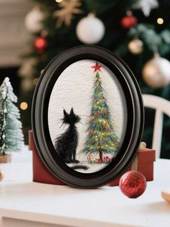 1个5x7英寸节日木质相框展示牌，圣诞风格图案椭圆/长方形桌面装饰摆件，圣诞节感恩节圣诞装饰冬季房间装饰家居圣诞礼物圣诞装饰