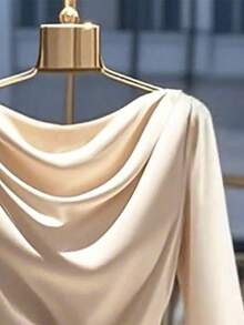 优雅大码长袖高领连衣裙，配有腰带和垂褶结饰，A字廓形，奶油色，无弹力面料 - 杏色 - 查看 4