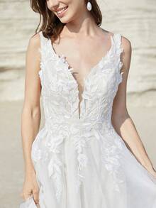 V Neck Lace Wedding Dresses With Long Train Backless Tulle Sequin Bridal Gowns For Women A-Line Formal Wedding Party Gowns Lace Up Back With Bone