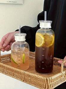 1pc Glass Water Bottle With 2 Lids, Removable Tea Strainer, Leak-Proof Seal Cap, Reusable, Easy To Clean, Portable Travel Coffee Cup, Suitable For Office Use/Travel, Birthday Gift/Mid-Autumn Festival Gift/Spring & Autumn Beverage Holder