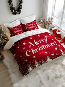 Set de huse de pilotă periate cu imprimeu digital, model de Crăciun cu brad de Crăciun, cadou, fulg de zăpadă, cerb, Moș Crăciun, 2/3 buc, moale și confortabil, potrivit pentru dormitor, cameră de oaspeți, cameră de jocuri, hotel, cămin școlar