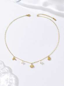 1pc Romantic Dolphin & Shell Pendant With Lustrous Pearl Necklace, Stainless Steel Delicate Choker Necklace For Women