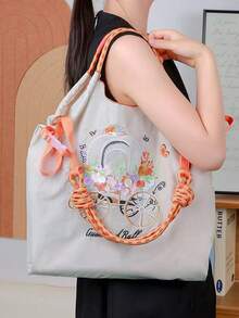 1pc New Casual Embroidered Floral Car Pattern Lightweight Nylon Large Capacity Tote Bag, Suitable For Commuting, Party, Shoulder & Crossbody Bag With Strap