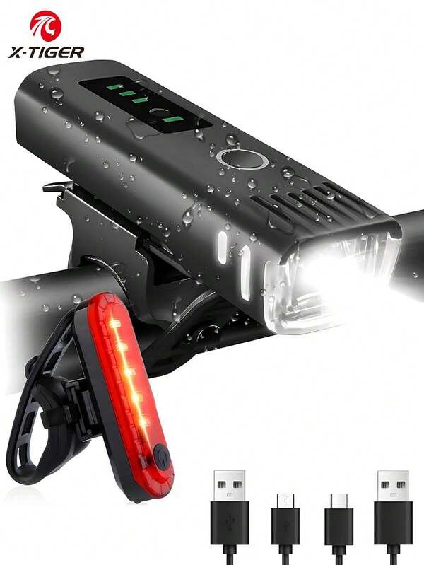 X-TIGER Bright USB Rechargeable Bicycle Light, Waterproof Bike Front And Rear Lights For Night Riding, 4 Lighting Modes Bicycle Headlight, Suitable For Mountain And Road Cycling