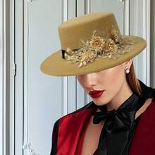 Womens Fedora Hat Stylish Elegant Decorative Flower Panama Hat Wide Flat Brim Jazz Cap - 卡其色 - 查看 5