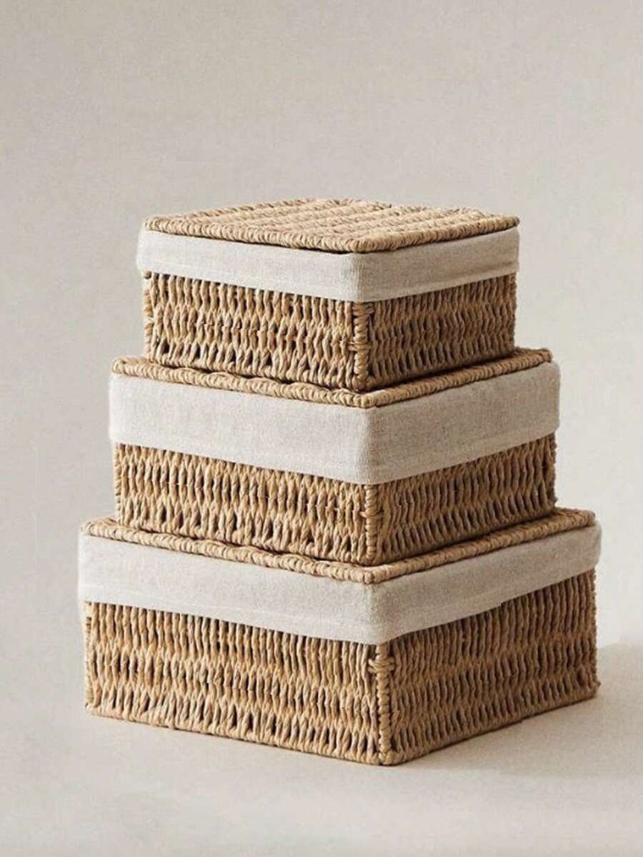 3pcs(S+M+L)/1set Handwoven Bohemian Style Storage Baskets With Lids, Rustic Woven Baskets For Bathroom, Desktop, Living Room, Bedroom, Kitchen, Versatile Organizer Bins, Ideal Gift Basket - Khaki - View 1