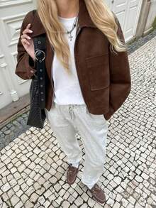 女士休闲通勤时尚长袖绒面革拉链夹克，秋季 - 棕色 - 查看 2