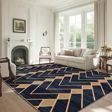 Large Modern Geometric Rug - Navy Blue And Gold Brown Woven Rug, Soft Flat Woven Large Area Rug, Suitable For Living Room, Bedroom, Office - Machine Washable, Navy Blue And Gold Home Decor Rug, Rectangular Geometric Pattern Woven Rug, Suitable For Spaces Over 2. 16 Square Meters, Fashionable Navy Blue And Gold Design, Easy To Clean And Move, Durable Material, Vintage Carpet - Nhiều màu - Xem 2