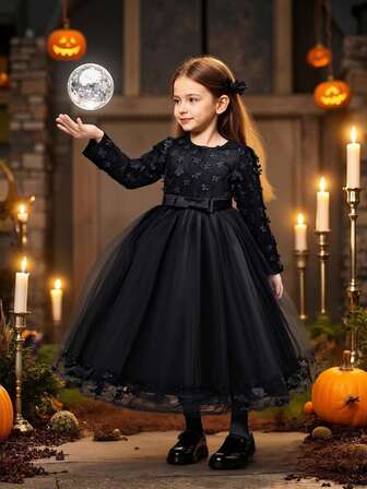 女童长袖网眼薄纱连衣裙，万圣节服装派对表演服
