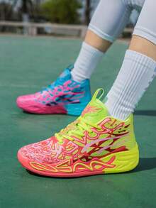 Men's Fashion Shock-Absorbing Sports Shoes, Graffiti Teenager Basketball Shoes - Comfortable, Breathable, Non-, Shock-Absorbing Sports Shoes, Suitable For Training, Running And Walking (Handpainted Uneven, Camouflage Asymmetrical Pattern) (Left And Right Foot Colors Are Random, Left Foot Yellow Or Right Foot Yellow) - 鴛鴦(黃蘭) - 查看 6