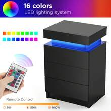 OYAJIA Hochglanz Nachttisch mit LED Beleuchtung Moderner Nachtschrank Nachtkommode mit 3 Schubladen & Flip Cover für Wohnzimmer Schlafzimmer Schwarz Beistelltisch 45x35x67cm - Schwarz - Übersicht 9