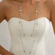 A Stylish Double-Layer Long Necklace Set With Imitation Pearls Suitable For Daily And Party Occasions, Accessories For All Seasons. - Women's Gift - Daily Wear Wedding Party Date Party - Suitable For Best Friends, Christmas Gifts - Valentine's Day Gifts - 銀色 - 查看 6