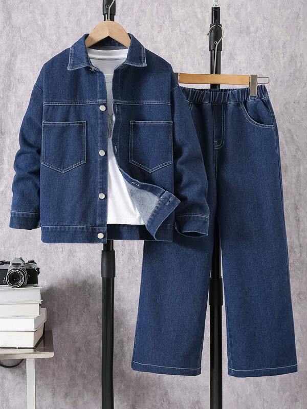 2pcs/Set Boys' Casual Fashion School Style Denim Jacket With Pockets & Long Sleeve, Denim Pants, Suitable For Spring & Autumn