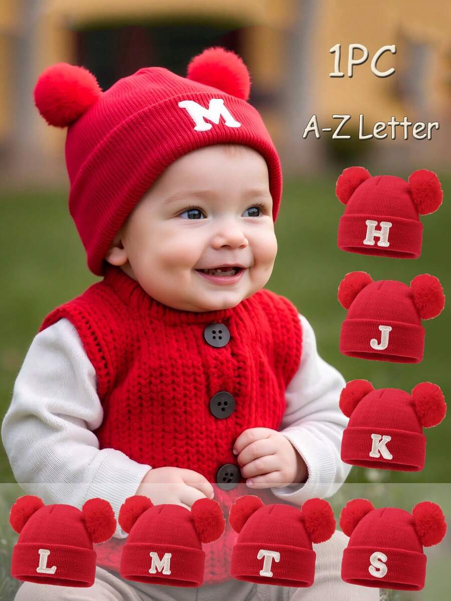 1 件装婴儿 A-Z 字母针织帽 婴儿女孩帽子 儿童无檐便帽 婴幼儿配饰 儿童帽子 弹力 0-3 岁幼儿女孩男孩帽子 - 紅色 - 查看 1