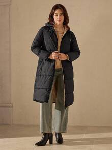Wildy Zip Up Drawstring Hooded Padded Coat - Black - View 4
