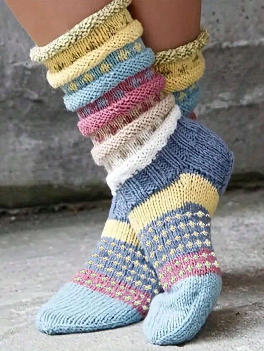 Striped Socks, Mid-Calf Socks For Indoor/Outdoor Casual Wear, Autumn/Winter, Cozy PYMS - 藍色 - 查看 1