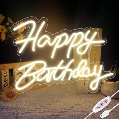 Artblepro The Happy Birthday Warm White Neon Sign For All Partys, Size-16.5 X 11.8inch, Dimmable LED Letter Neon Signs For Wall Decor, Powered By USB Neon Led Lights For Birthday Party Decor Gift Christmas Decorations Home Christmas Gifts Christmas Decor