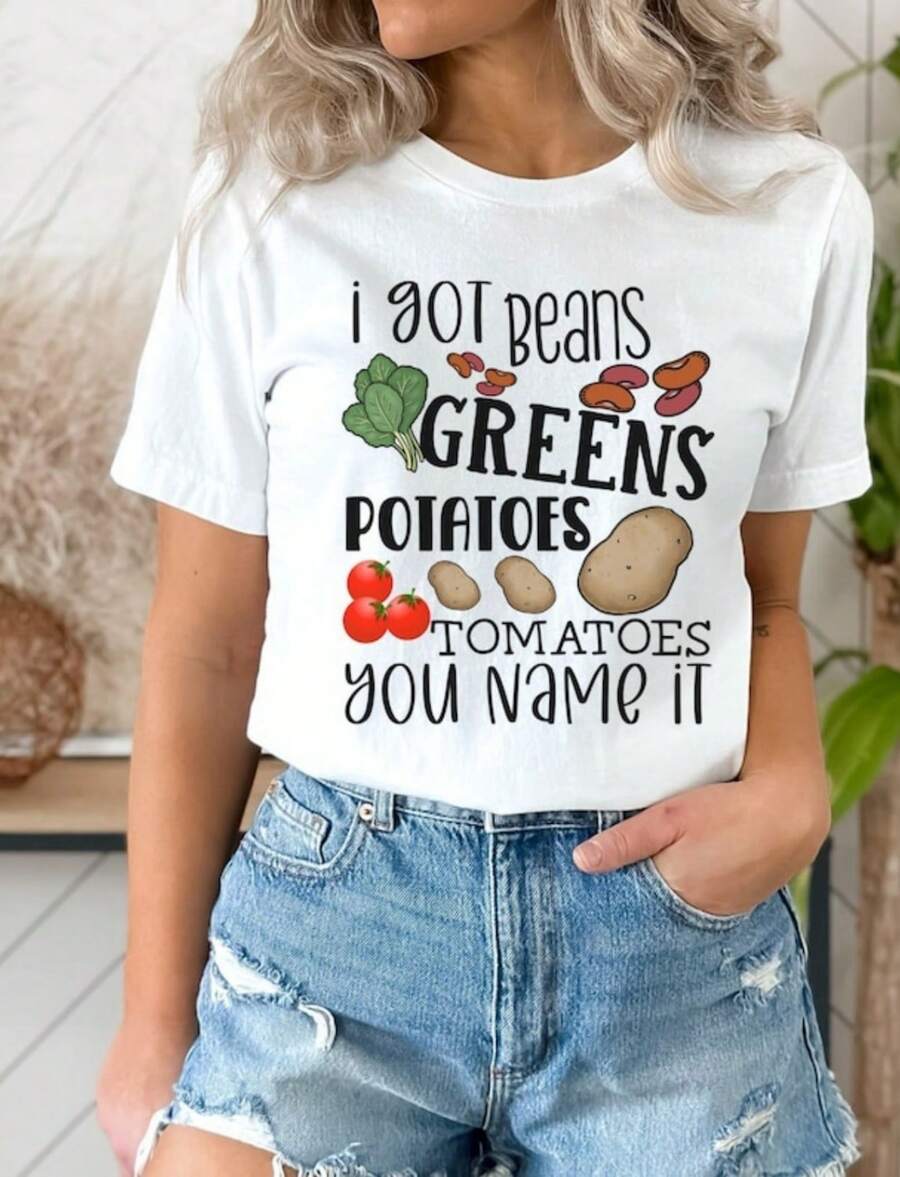Beans, Greens, Potatoes  Funny Vegan Shirt Unisex Short Sleeve Tee Gift For Vegan Womens Shirt Vegetarian Gift  Powered By Potatoes - 白色 - 查看 1