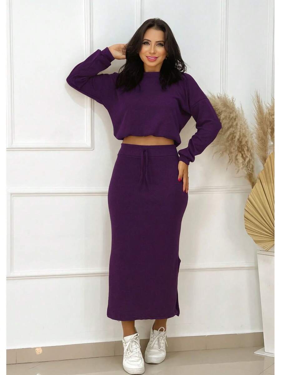 Women's Winter Set: Blouse And Woolen Skirt - 玫瑰紅 - 查看 1