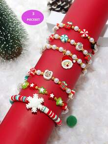 3pcs/6pcs Girls' Snowflake, Santa Claus, Star Shaped Polymer Clay Beaded Charm Bracelet, Suitable For Christmas Party, Best Friends, Sisters, Assorted Polymer Clay - Multicolor - View 3