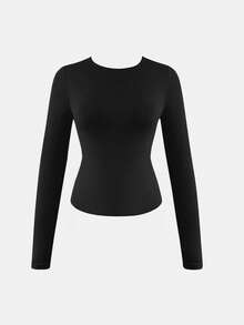 XLLAIS Sexy Fall Winter Backless Long Sleeve Top High Stretch Slim Fit Casual Basic Women T Shirt - Black - View 1
