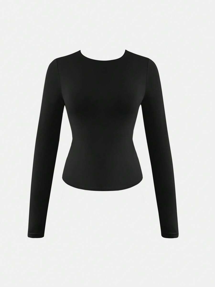 XLLAIS Sexy Fall Winter Backless Long Sleeve Top High Stretch Slim Fit Casual Basic Women T Shirt - Black - View 1