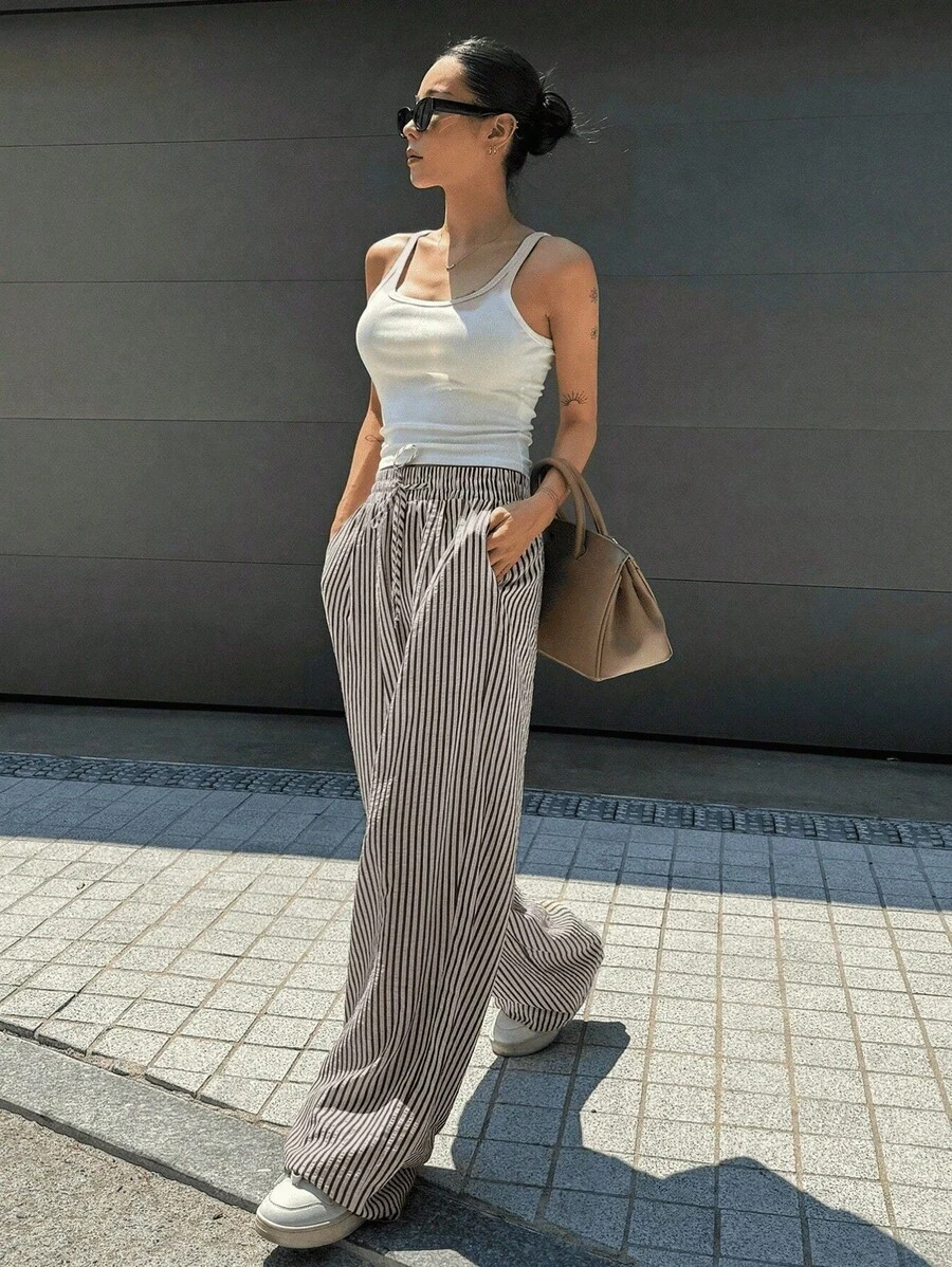Wide Leg Striped Elastic Palazzo Pants With Pockets - Black - View 1