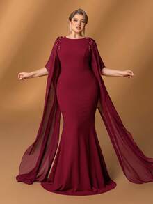 Faeriesty Mosy Plus Classic Round Neck Elegant Cape Sleeve Fish-Tail Plus-Size Mother Of The Bride Dress For Formal Weddings, Grand Galas, Lavish Evening Dinners, Prestigious Proms, And Upscale Red Carpet Events – Flattering Design For Ultimate Confidence In High-End Occasions