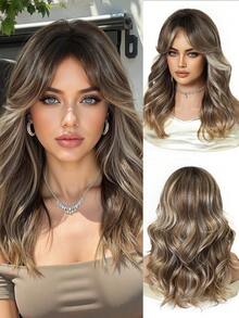 Brown Highlight Synthetic Wig With Bangs, Dark Brown Long Wavy Layered Wig, Suitable For Women's Daily Party Cosplay Wig 20 Inch,For Women Girls Natural Looking Daily Party Cosplay Halloween Wigs For Halloween And Christmas New Year Carnival Music Festival Cosplay ,Gifts For Girls,Summer Graduation Gifts,Ready-Made Gifts,Halloween Christmas Gifts - 挑染棕色 - 查看 2