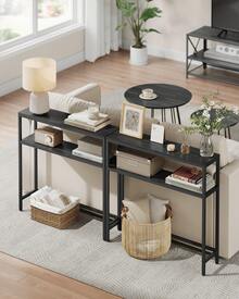 VASAGLE Mesa de Consola de 2 Niveles, Mesa Auxiliar, 20 x 80 x 80 cm, Gris Carbón y Negro Tinta MLNT130B22V1 - Negro - Ver 4