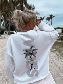 2025 女士秋季椰树字母印花休闲度假风圆领长袖T恤，我们时尚的女士长袖T恤可以提升您的衣橱品味：这些上衣非常适合叠穿，休闲或个性表达皆宜，适合各种场合，兼具舒适性和时尚感。白色春季 - 白色 - 查看 5