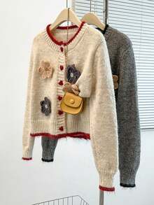 Women's Fall/Winter Floral Appliques, Long-Sleeve Crewneck Button-Front Cardigan