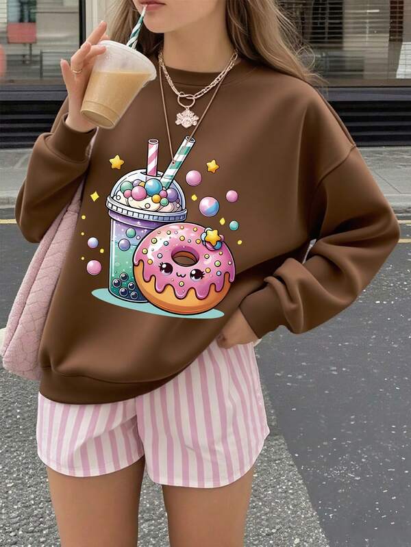 1 Pc Girls' Cute Style Donut & Bubble Tea Print Long-Sleeve Sweatshirt, Soft Fabric, Perfect For Daily Casual Spring & Autumn