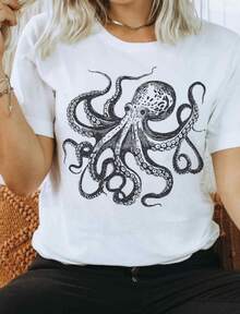 Octopus Shirt Marine Life Linocut Shirt Hippy Clothes Granola Girl Antique Folk Art Block Print Shirt Ocean Animal Shirt Octopus Lover Gift - 白色 - 查看 1