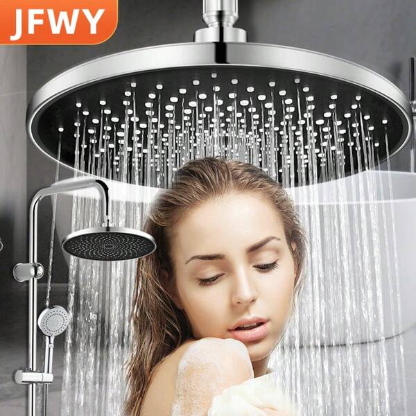 1pc JFWY Rainfall Shower Head, 8.86 Inch Large Panel, Wall-Mounted, Round ABS Plastic, Air Pressure Water Outlet, No Electricity Required, Electroplated Surface, Home Bathroom Accessory, Ideal For Halloween/Christmas Gifts, Great Gift Choice