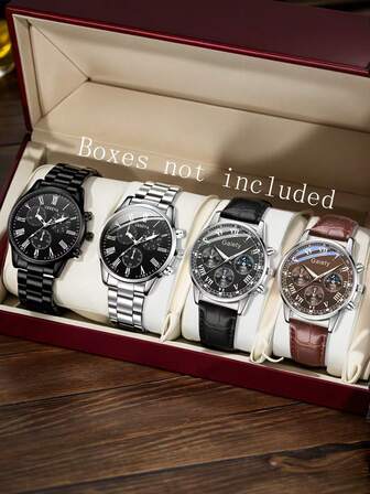 メンズファッション ミニマリスト 3眼クォーツ腕時計セット 4個入り、デイリーウェア、装飾、ホリデーギフトに適しています