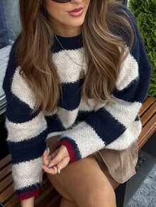 Just Masa Woman's Autumn And Winter New Color Blocked Round Neck Knitted Pullover Graduation Sweater Loose Long Sleeve Going Out Tops