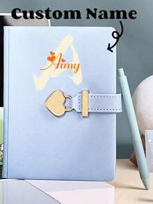 1pc Personalized Creative Customizable Name Or Initial Letter Lock & Key Girls Diary Notebook Gift, New Lovely Heart Keychain Notepad, Simple Classy Gold Foil Business Planner Memo Pad, Cute Leather Journal For Work,School Supplies,Back To School