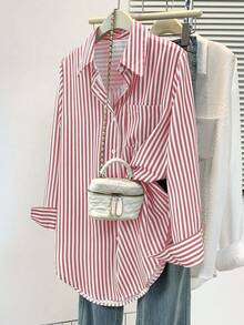 女士休闲基础款条纹尖领长袖衬衫，带纽扣口袋，适合日常办公穿着，秋冬春季皆宜 - 紅色 - 查看 5