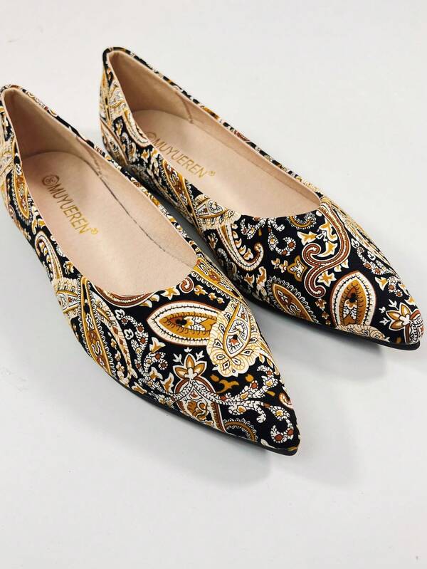 أحذية نسائية مسطحة ذات أصبع مدبب مطبوعة، ذات قاعدة مريحة، بتصميم بسيط وأنيق، أحذية لوفر سهلة الارتداء، مناسبة للارتداء اليومي