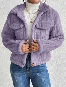 1  Liso    Casual  Dulce  Elegante    Poliéster    De Pelito  Cremallera  Bolsillo    Diario    INVIERNO - Morado - Ver 7