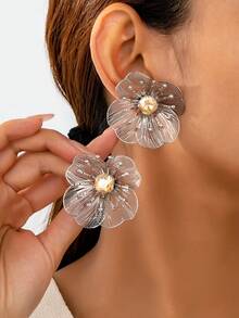 1 对夸张双层花朵和人造珍珠耳钉，具有立体效果，欧美风格，情人节、妈妈、母亲、母亲节、礼物 - 花朵耳環 - 查看 16