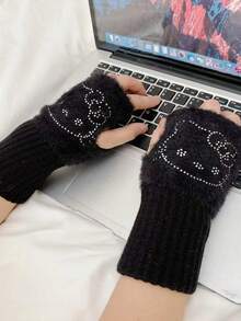 Sanrio 1 par de guantes sin dedos de felpa de Sanrio Hello Kitty, guantes sin dedos de imitación de visón para mujeres, decoración de brillantes de rhinestone, lazo de Hello Kitty con rhinestones brillantes, cálidos y lindos guantes abiertos de los dedos a prueba de frío, guantes de invierno elásticos y cálidos para mujeres, diseño de dibujos animados lindo adecuado para salidas diarias y clima frío, textura suave