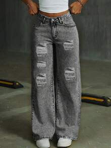 Fashionable Distressed Wide Leg Jeans For Teenage Girls - Grey - View 2