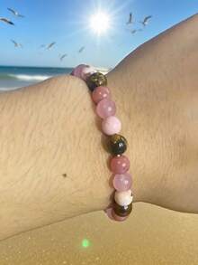 1pc Natural Tiger Eye Stone Elastic Bracelet With Pink Beads - Comfortable For Daily Wear And Parties, Mother's Day Gift, All-Season Accessory - Multicolor - View 2